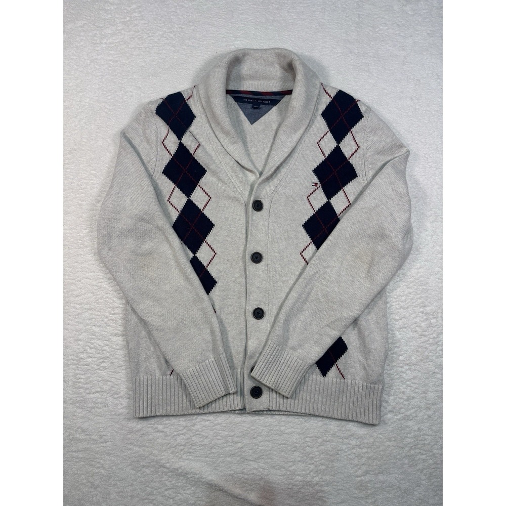 Tommy Hilfiger Cardigan Sweater Shawl Collar Argyle Accents All Cotton Sz Medium